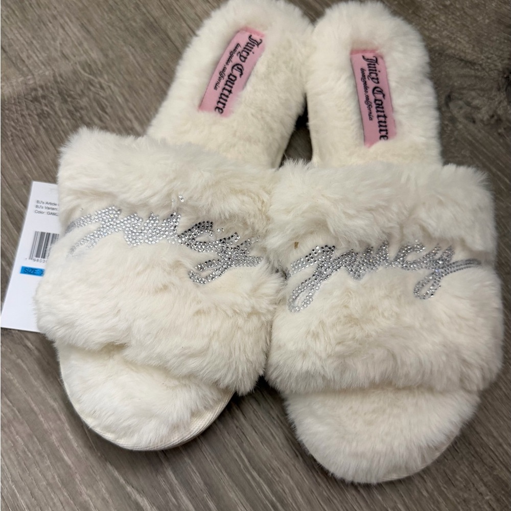 Juicy Couture Cream Fuzzy Slide Slippers with Rhinestone Script